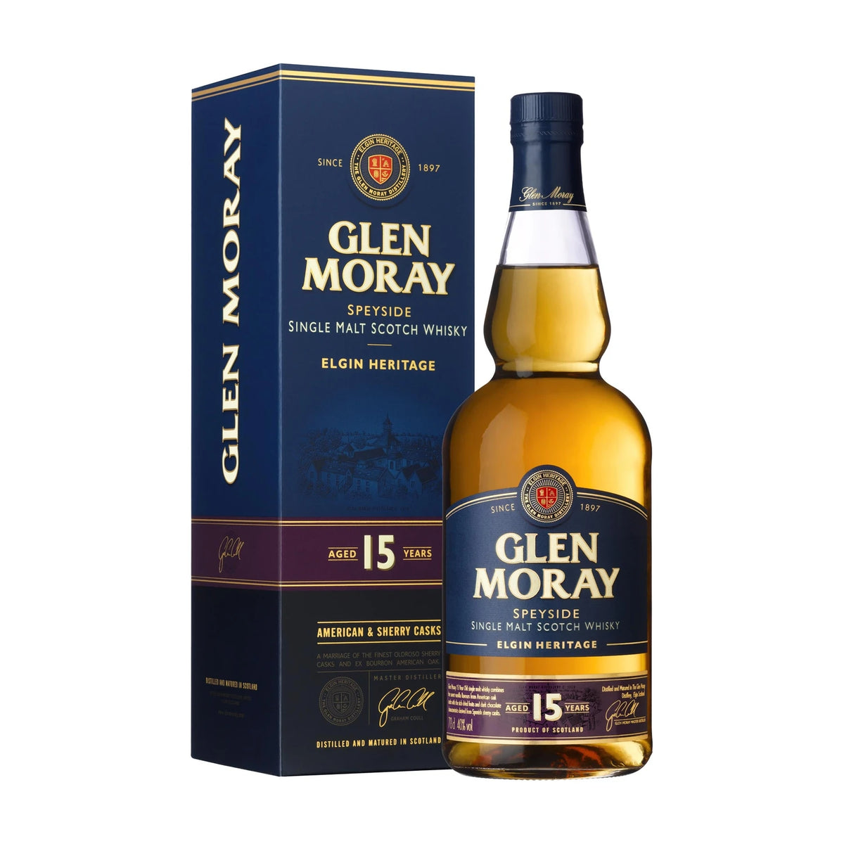 Glen Moray 15 Year Old Speyside Single Malt Scotch Whisky 70cl bottle on a white background