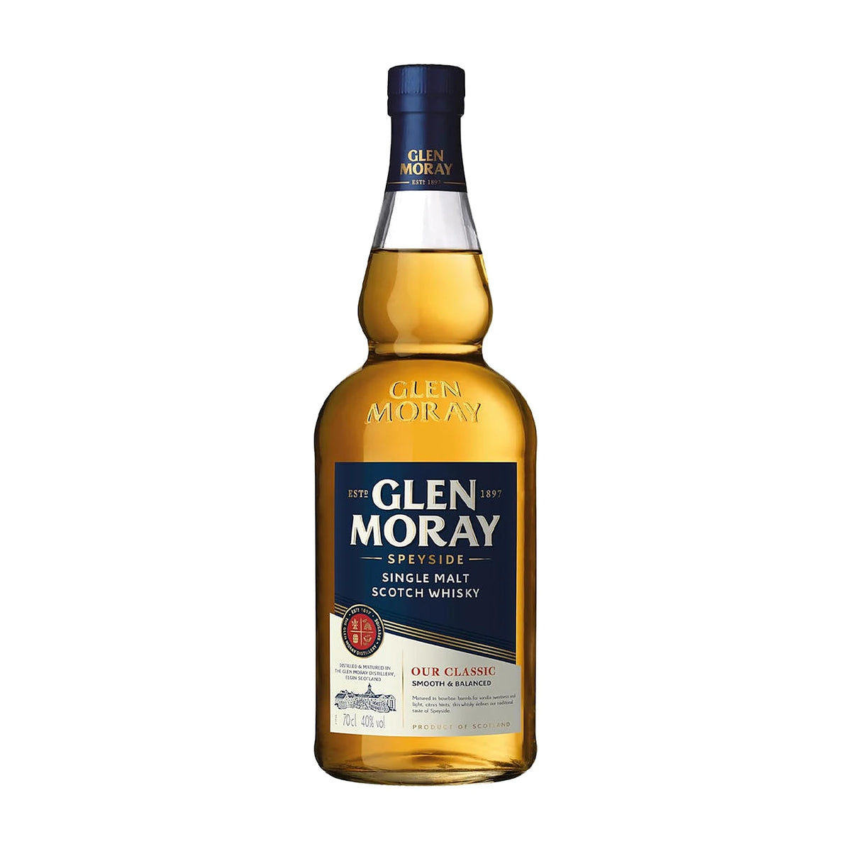 Glen Moray Classic Speyside Single Malt Scotch Whisky, 70cl bottle on a white background