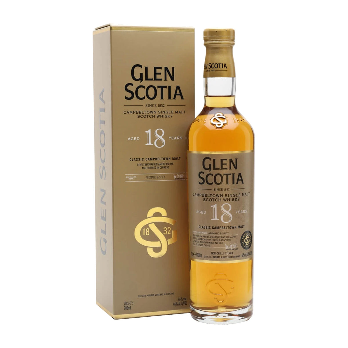 Glen Scotia 18 Year Old Campbeltown Single Malt Scotch Whisky 70cl bottle on a white background