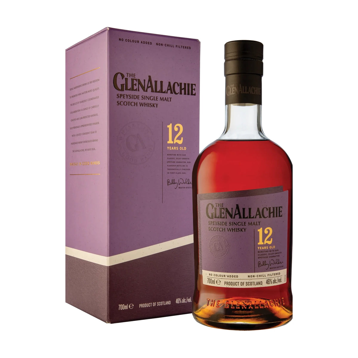 GlenAllachie 12 Year Old Unpeated Speyside Single Malt Scotch Whisky, 46% ABV, bottle with gift box on a white background