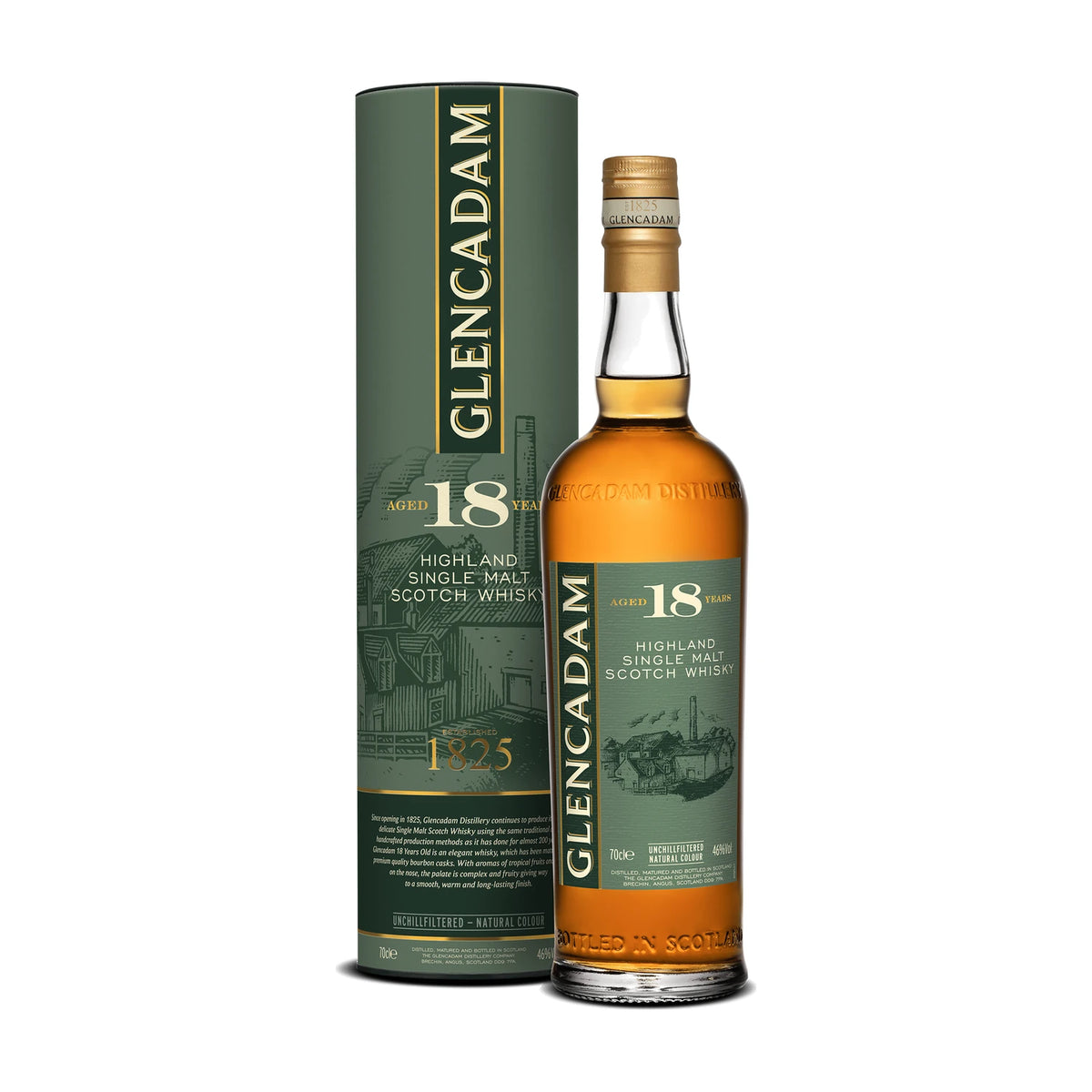 Glencadam 18 Year Old Highland Single Malt Scotch Whisky, 70cl bottle with gift tube on a white background