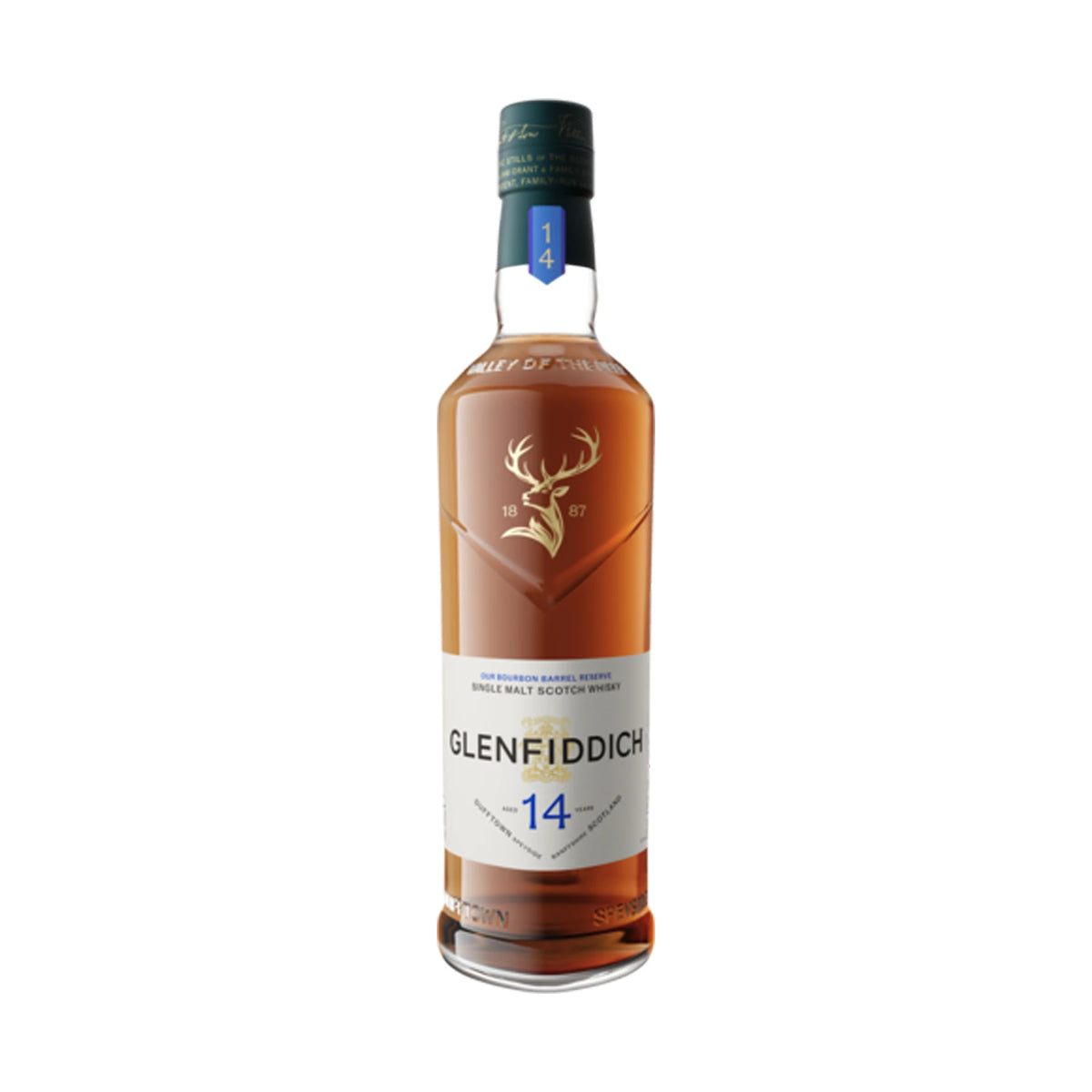 Glenfiddich 14 Year Old Bourbon Barrel Reserve Speyside Single Malt Scotch Whisky 70cl bottle on a white background