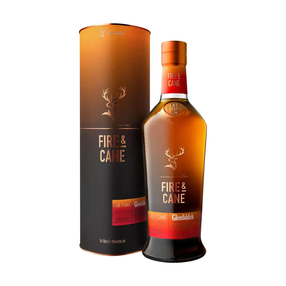Glenfiddich Fire & Cane Speyside Single Malt Scotch Whisky 70cl bottle on a white background