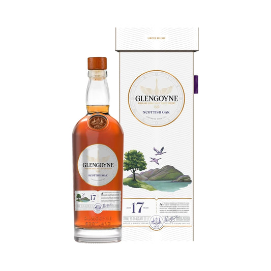 Glengoyne 17 Year Old Scottish Oak Highland Single Malt Scotch Whisky 70cl bottle and box on a white background