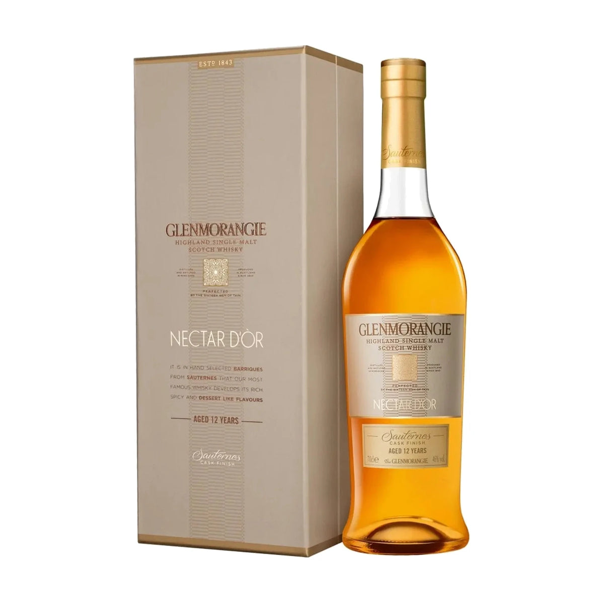 Glenmorangie Nectar d'Or 12 Year Old Highland Single Malt Scotch Whisky, 70cl bottle with gift box on a white background