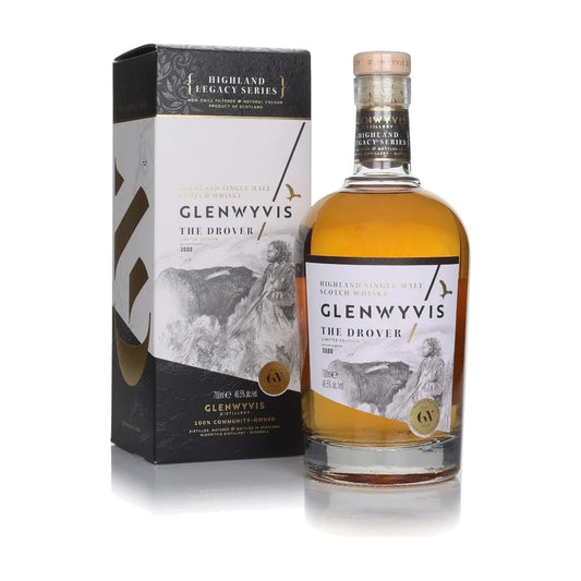 GlenWyvis The Drover Highland Single Malt Scotch Whisky, 70cl bottle with gift box on a white background