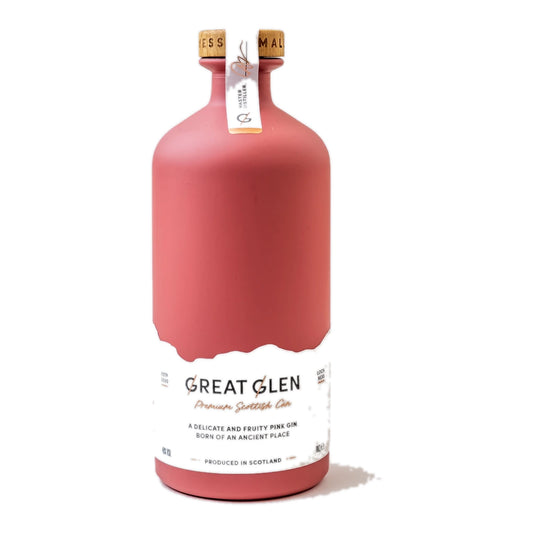 Great Glen Pink Gin 70cl bottle on a white background