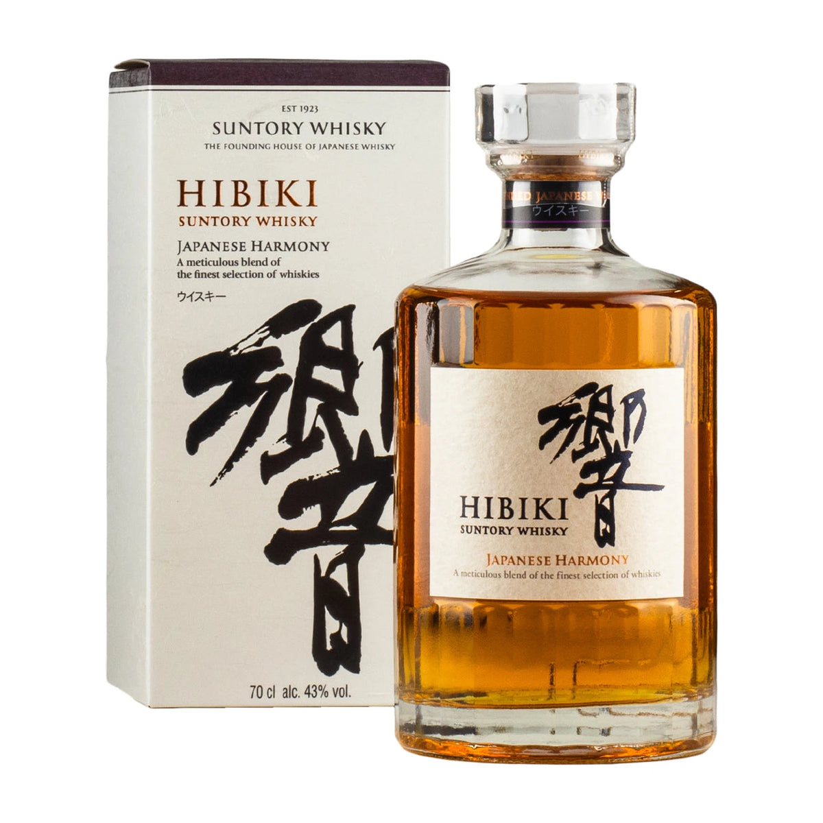 Hibiki Japanese Harmony Blended Whisky 70cl bottle on a white background