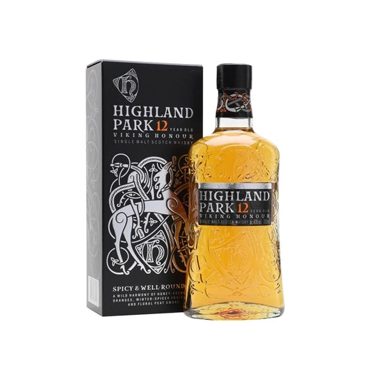 Highland Park 12 Year Old Viking Honour Orkney Single Malt Scotch Whisky 70cl bottle and box on a white background