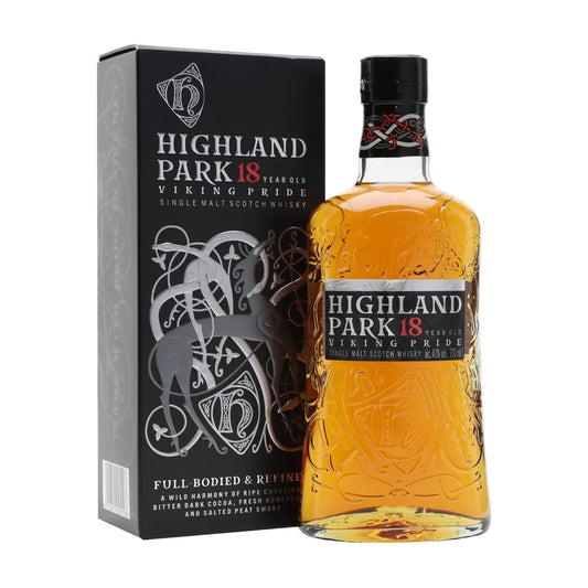Highland Park 18 Year Old Viking Pride Island Single Malt Scotch Whisky, 70cl bottle with gift box on a white background
