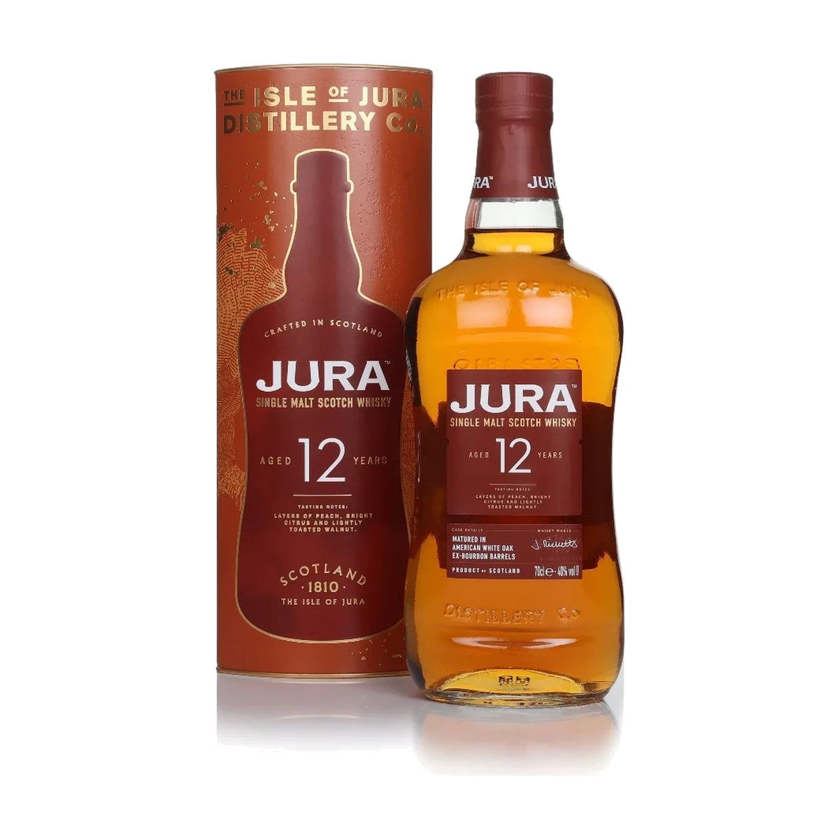 Isle of Jura 12 Year Old Island Single Malt Scotch Whisky, 70cl bottle with gift tube on a white background