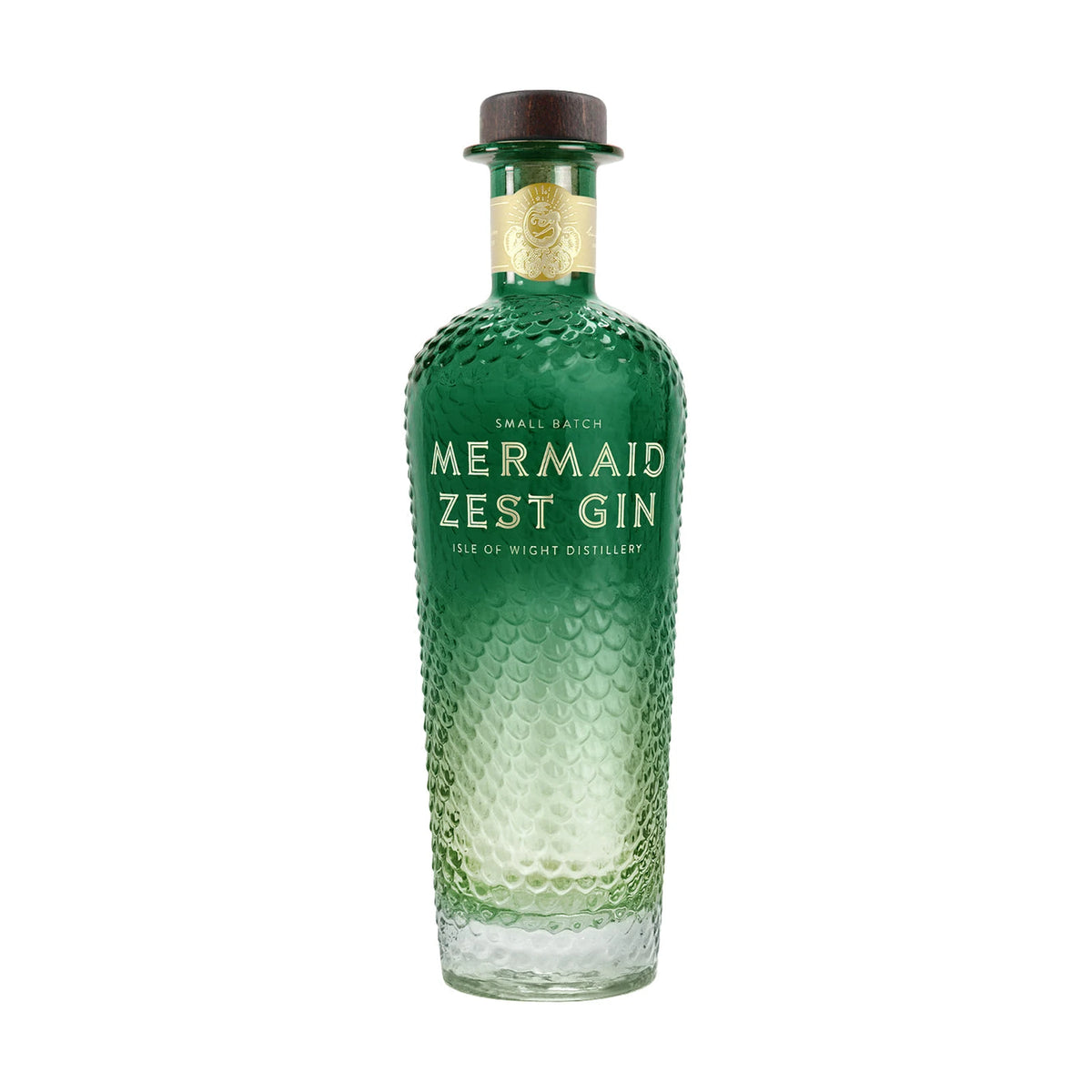 Bottle of Mermaid Zest Gin by Isle of Wight Distillery, 70cl, green scale-textured glass bottle with cork stopper, on a plain white background