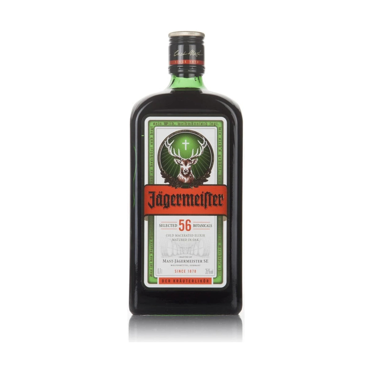 Bottle of Jägermeister German herbal liqueur, 70cl green glass bottle, on white background