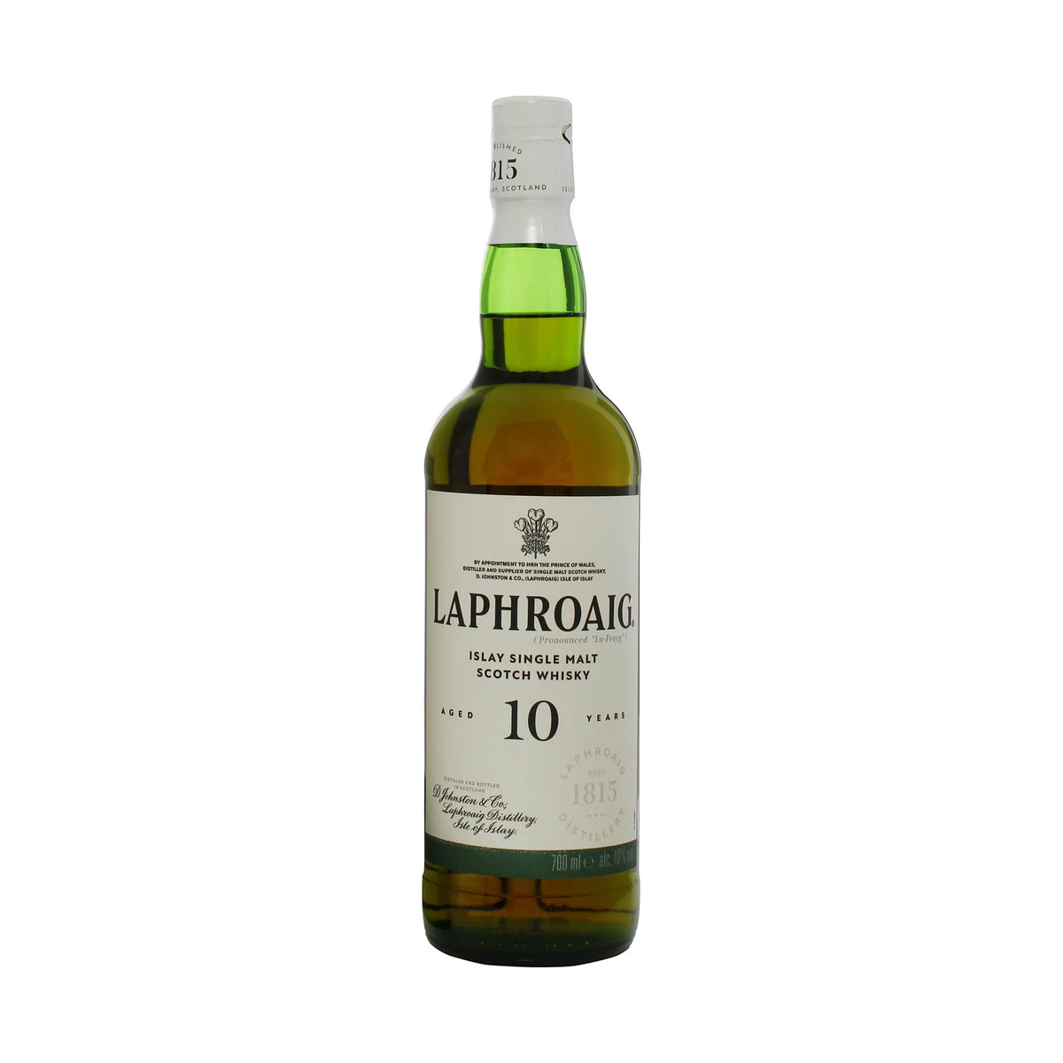 Laphroaig 10 Year Old Islay Single Malt Scotch Whisky 70cl bottle on a white background