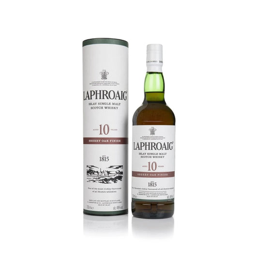 Bottle of Laphroaig 10 Year Old Sherry Oak Finish Islay Single Malt Scotch Whisky, 70cl, on a white background