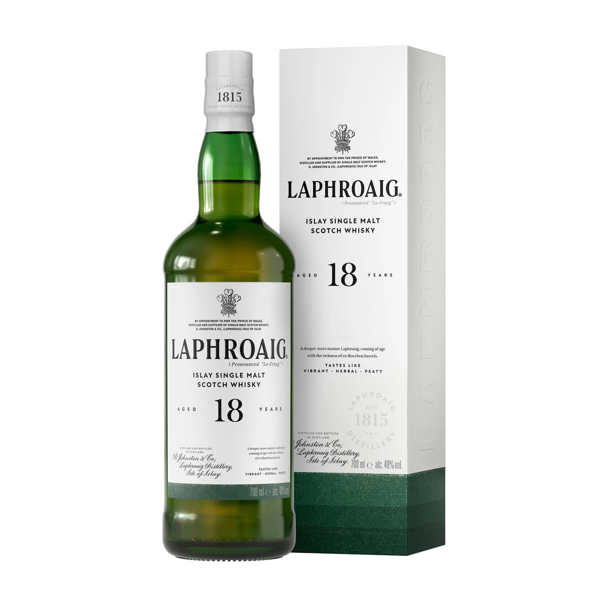 Laphroaig 18 Year Old Islay Single Malt Scotch Whisky 70cl bottle on a white background