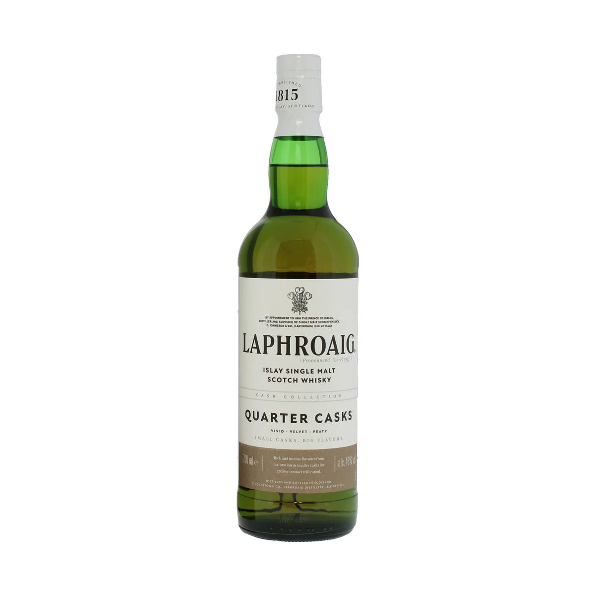 Laphroaig Quarter Cask Islay Single Malt Scotch Whisky 70cl bottle on a white background