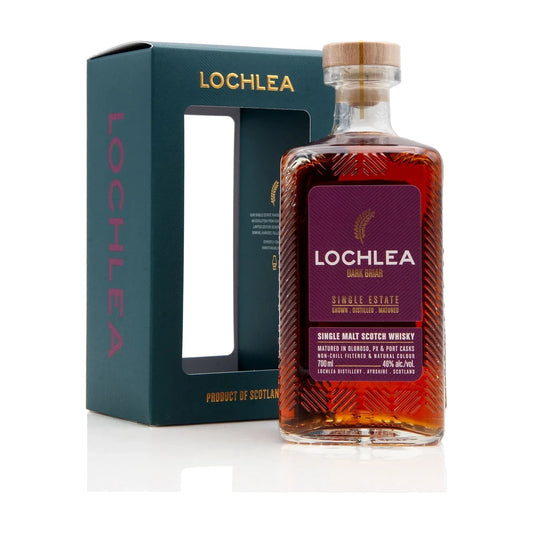 Lochlea Dark Briar Single Malt Scotch Whisky, 70cl bottle with gift box on a white background