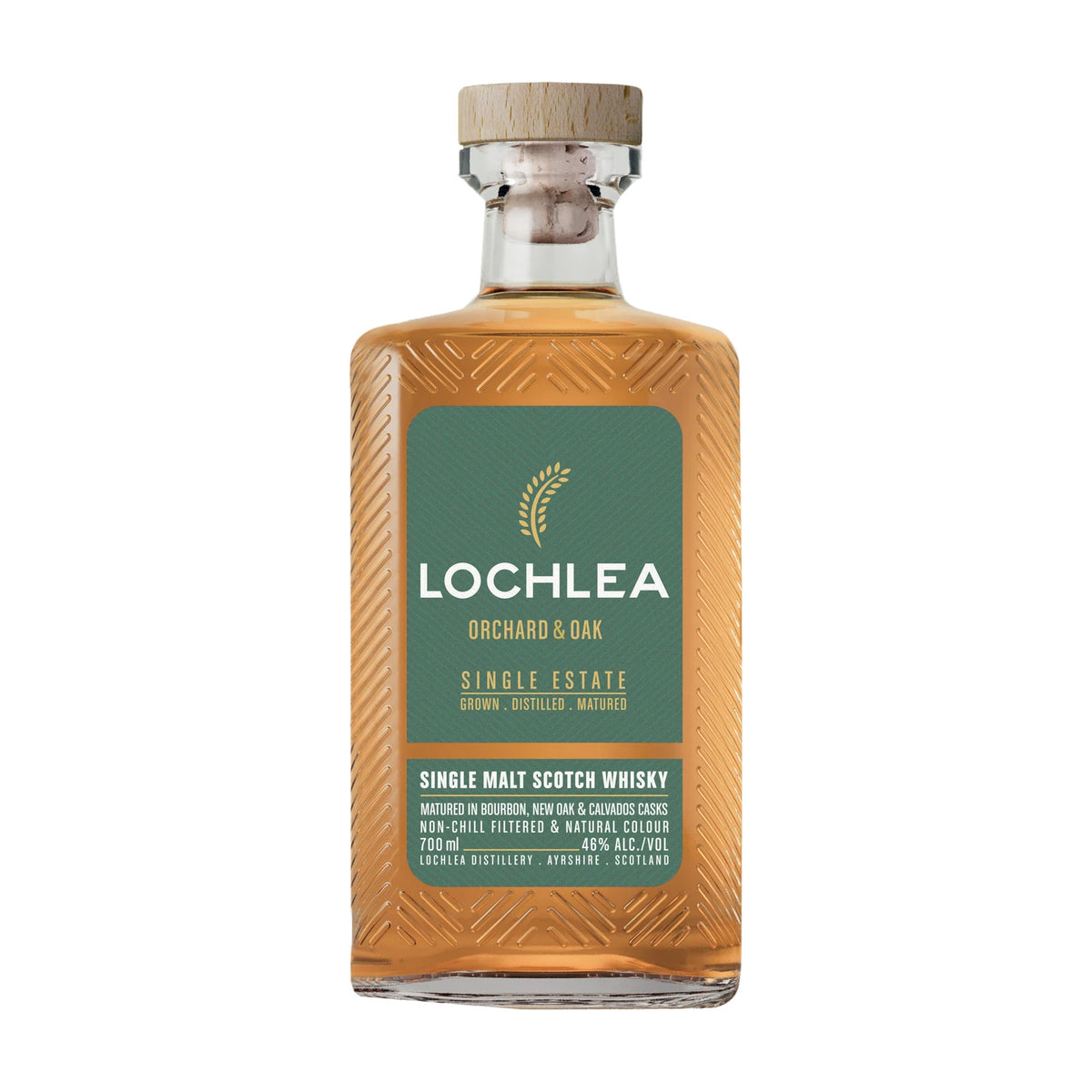 Lochlea Orchard & Oak Single Estate Single Malt Scotch Whisky, 46% ABV, bottle on a white background
