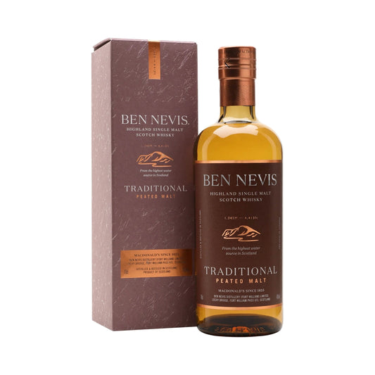Ben Nevis MacDonald's Traditional Peated Highland Single Malt Scotch Whisky 70cl bottle and box on a white background