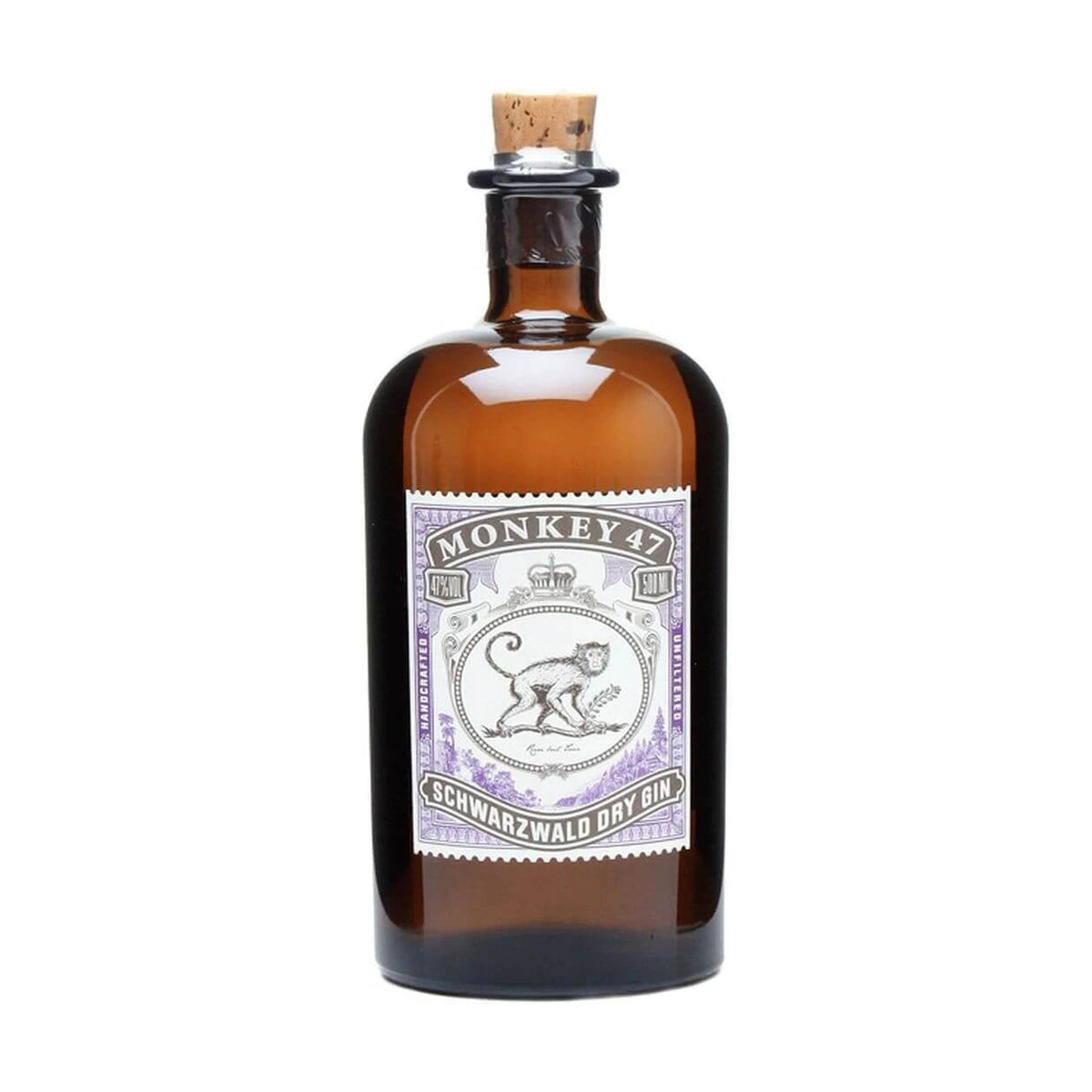 Bottle of Monkey 47 Schwarzwald Dry Gin, 50cl, on a plain background