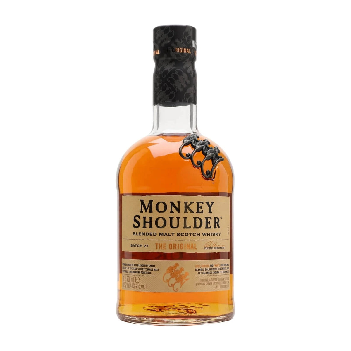 Monkey Shoulder Blended Malt Scotch Whisky, 70cl bottle on a white background