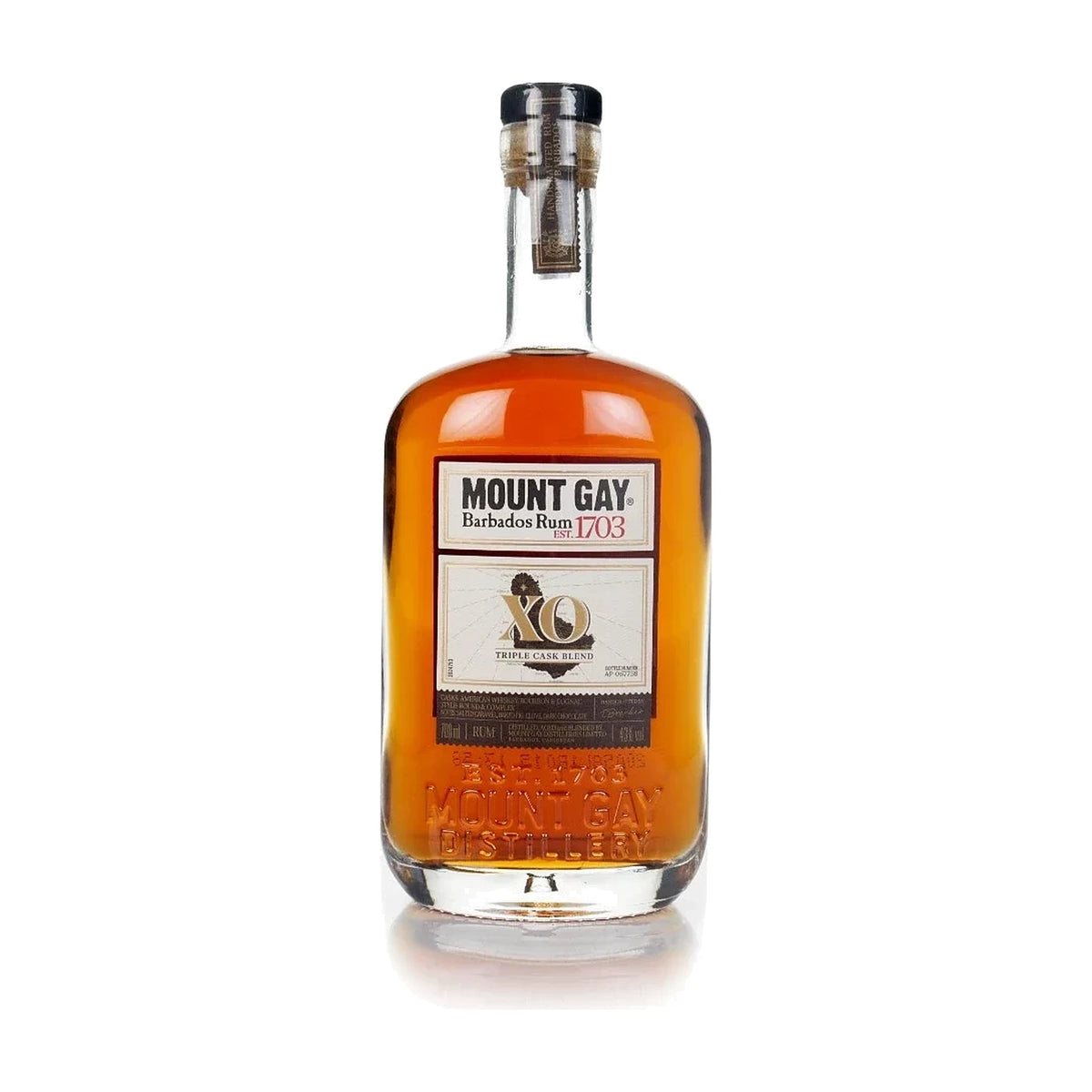 Mount Gay XO Triple Cask Blend Rum, 70cl bottle on a white background