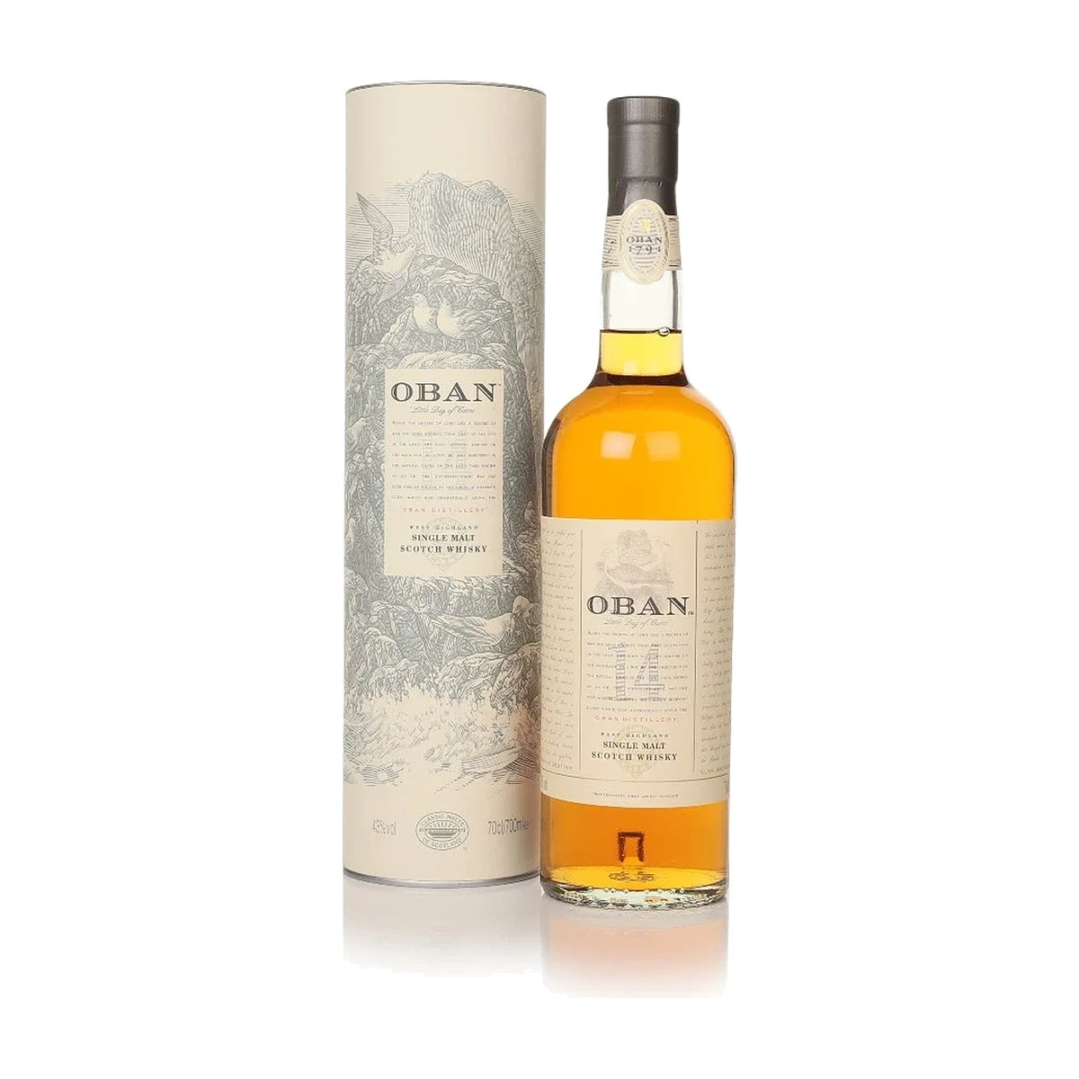 Oban 14 Year Old West Highland Single Malt Scotch Whisky, 70cl bottle with gift tube on a white background