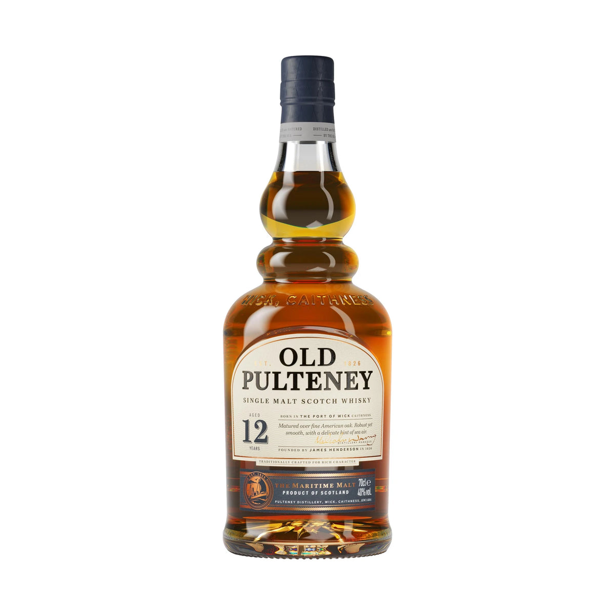 Old Pulteney 12 Year Old Highland Single Malt Scotch Whisky 70cl bottle on a white background