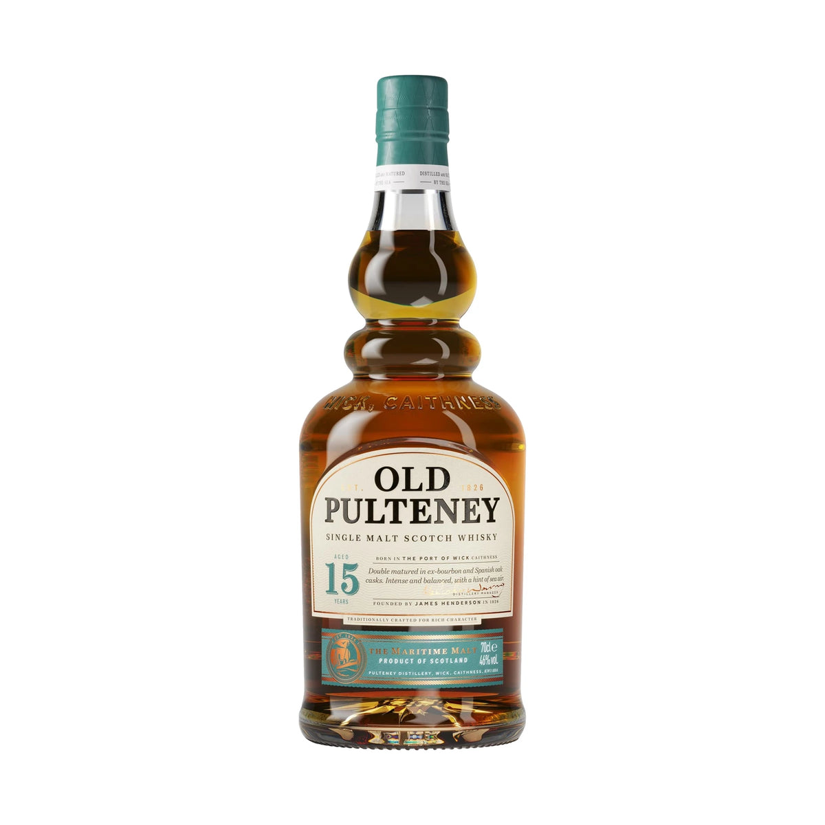 Old Pulteney 15 Year Old Highland Single Malt Scotch Whisky 70cl bottle on a white background