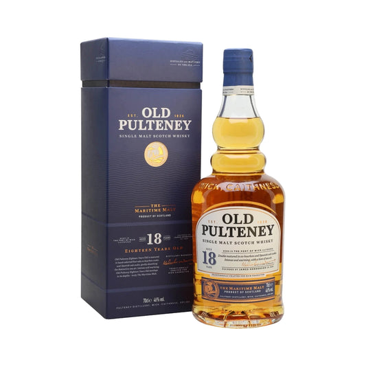 Old Pulteney 18 Year Old Highland Single Malt Scotch Whisky 70cl bottle and box on a white background
