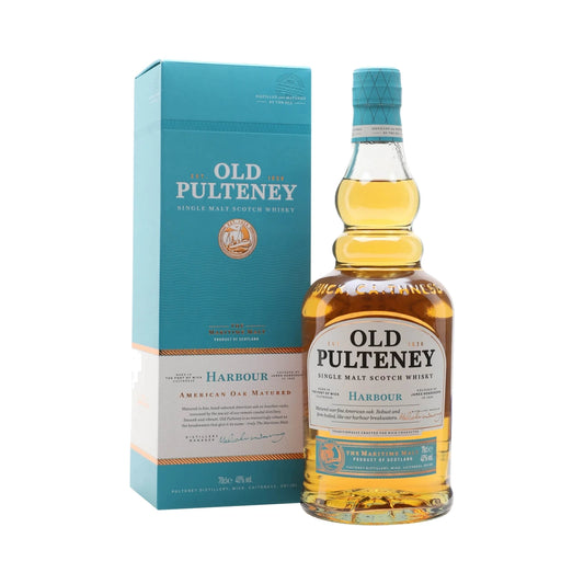 Old Pulteney Harbour Highland Single Malt Scotch Whisky 70cl bottle and box on a white background