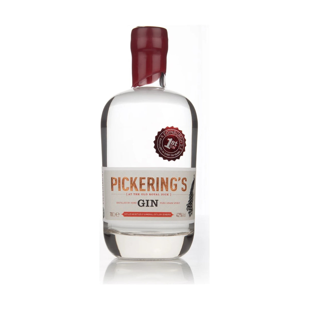 Bottle of Pickering's Gin, 70cl, on a plain background