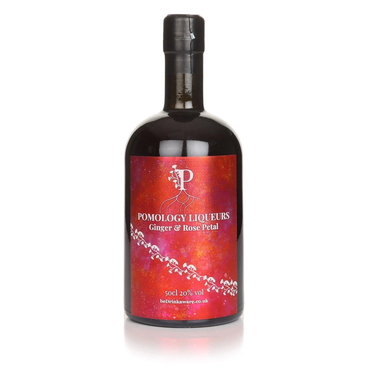 Bottle of Pomology Ginger & Rose Petal Liqueur, 50cl, 20% ABV, on a white background