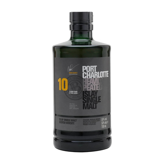 Port Charlotte 10 Year Old Heavily Peated Islay Single Malt 70cl bottle on a white background