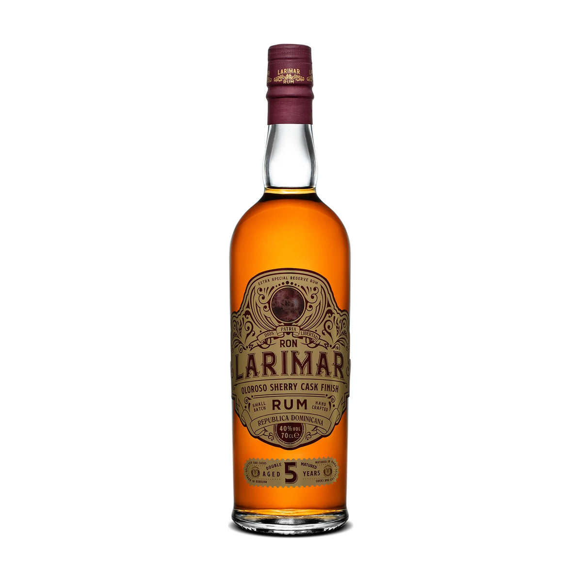 Ron Larimar 5 Year Old Oloroso Sherry Cask Finish Rum 70cl bottle on a white background