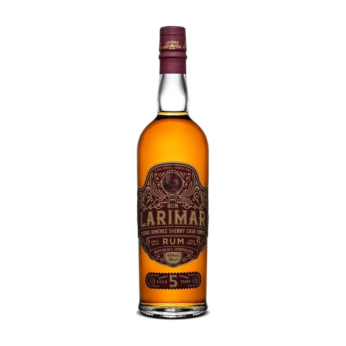 Ron Larimar 5 Year Old Pedro Ximénez Cask Finish Rum 70cl bottle on a white background