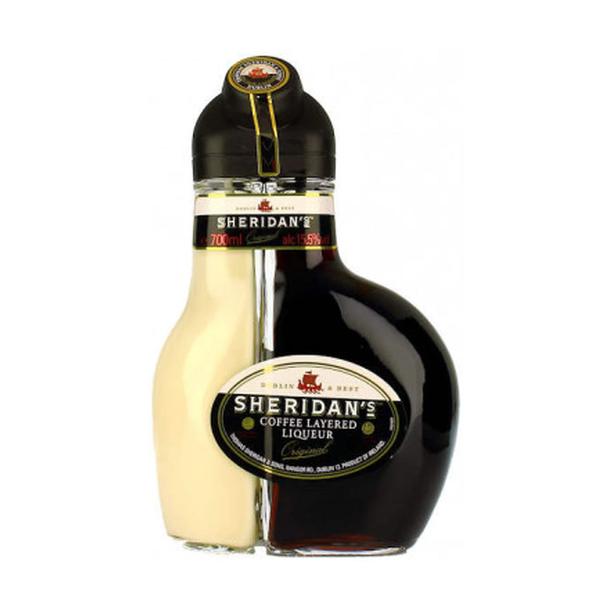 Sheridan's twin-chambered coffee and vanilla cream liqueur bottle, 70cl, on white background