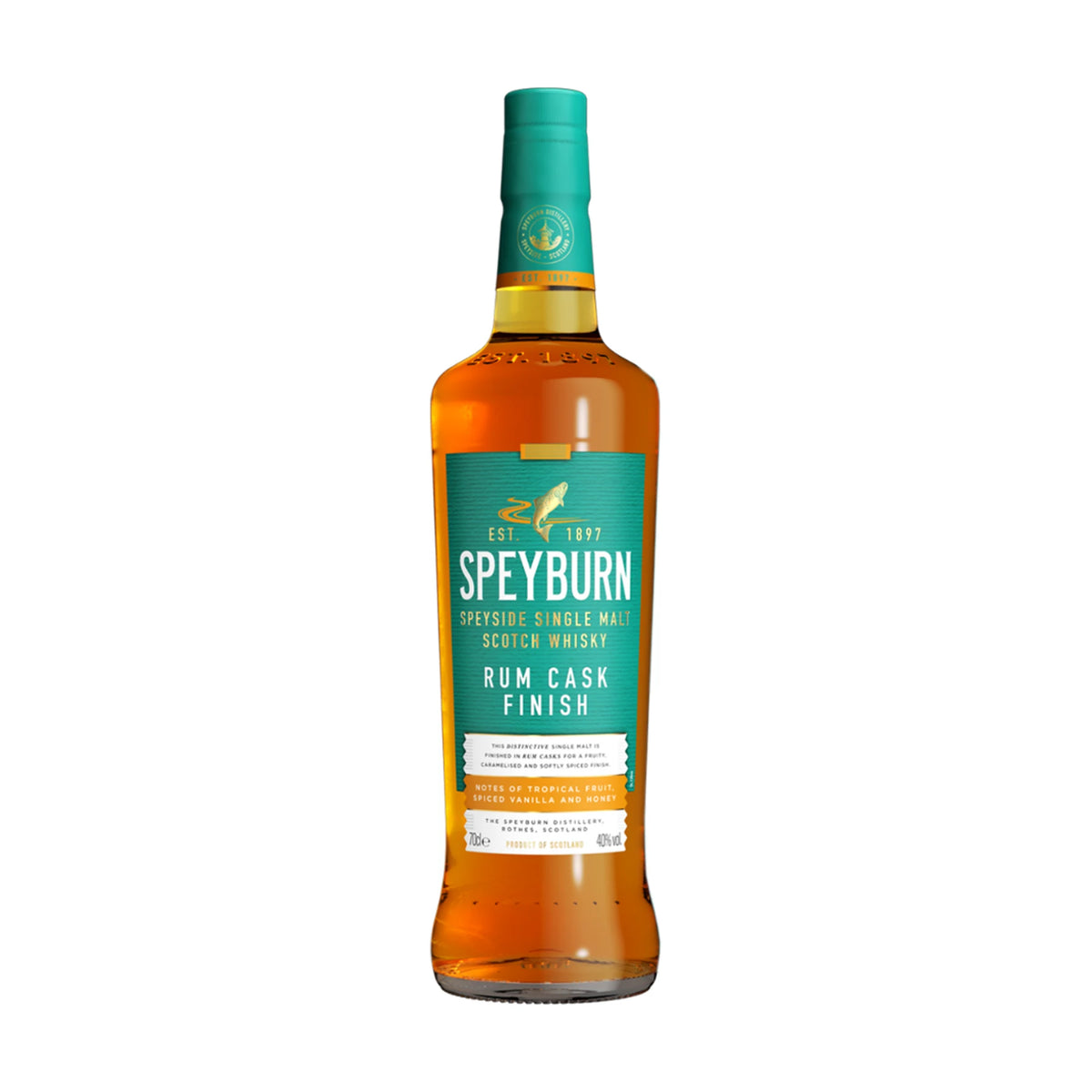 Speyburn Rum Cask Finish Speyside Single Malt Scotch Whisky 70cl bottle on a white background
