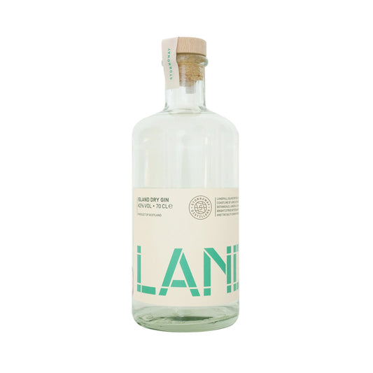 Stornoway Distillers Landfall Island Dry Gin bottle, 70cl, on a white background