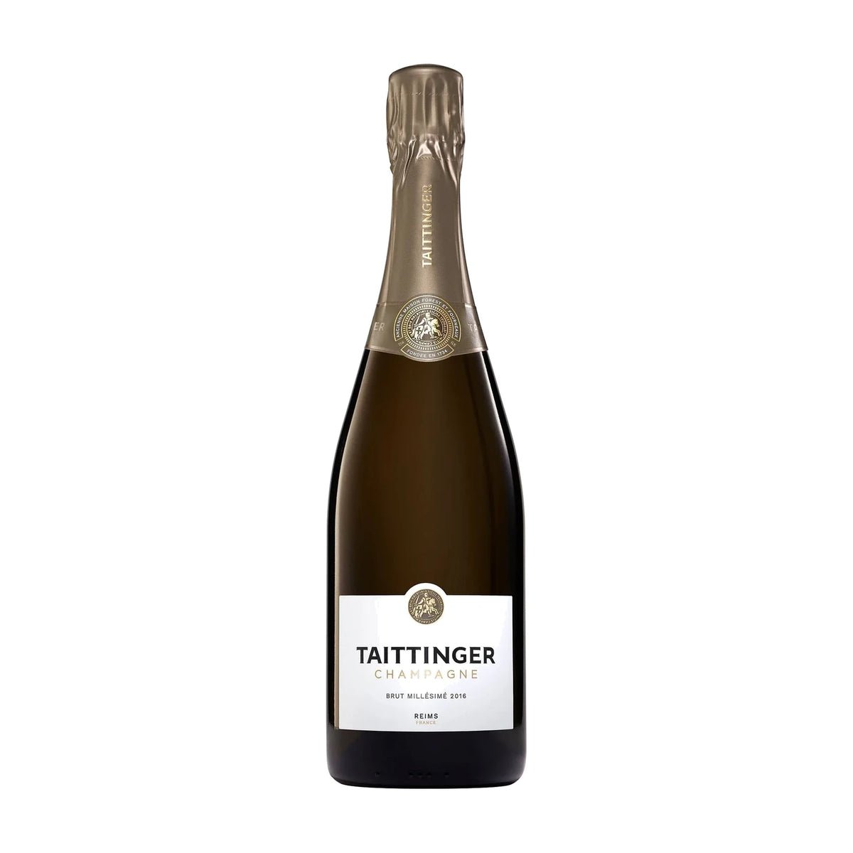 Taittinger Brut Vintage Champagne 2016, 75cl bottle on a white background
