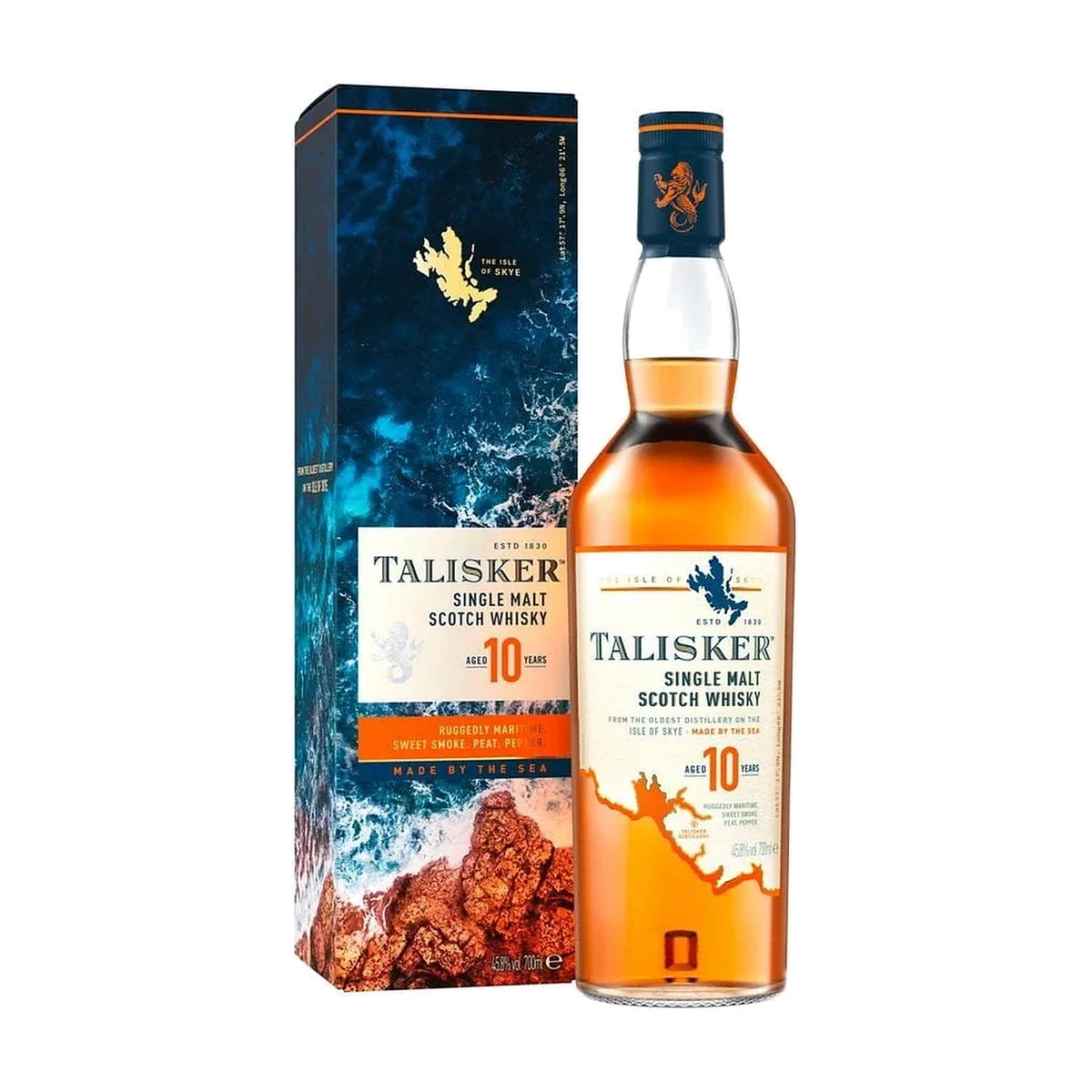 Talisker 10 Year Old Island Single Malt Scotch Whisky, 70cl bottle with gift box on a white background