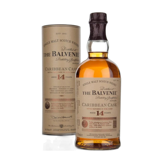 The Balvenie Caribbean Cask 14 Year Old Single Malt Scotch Whisky bottle with gift tube on a white background