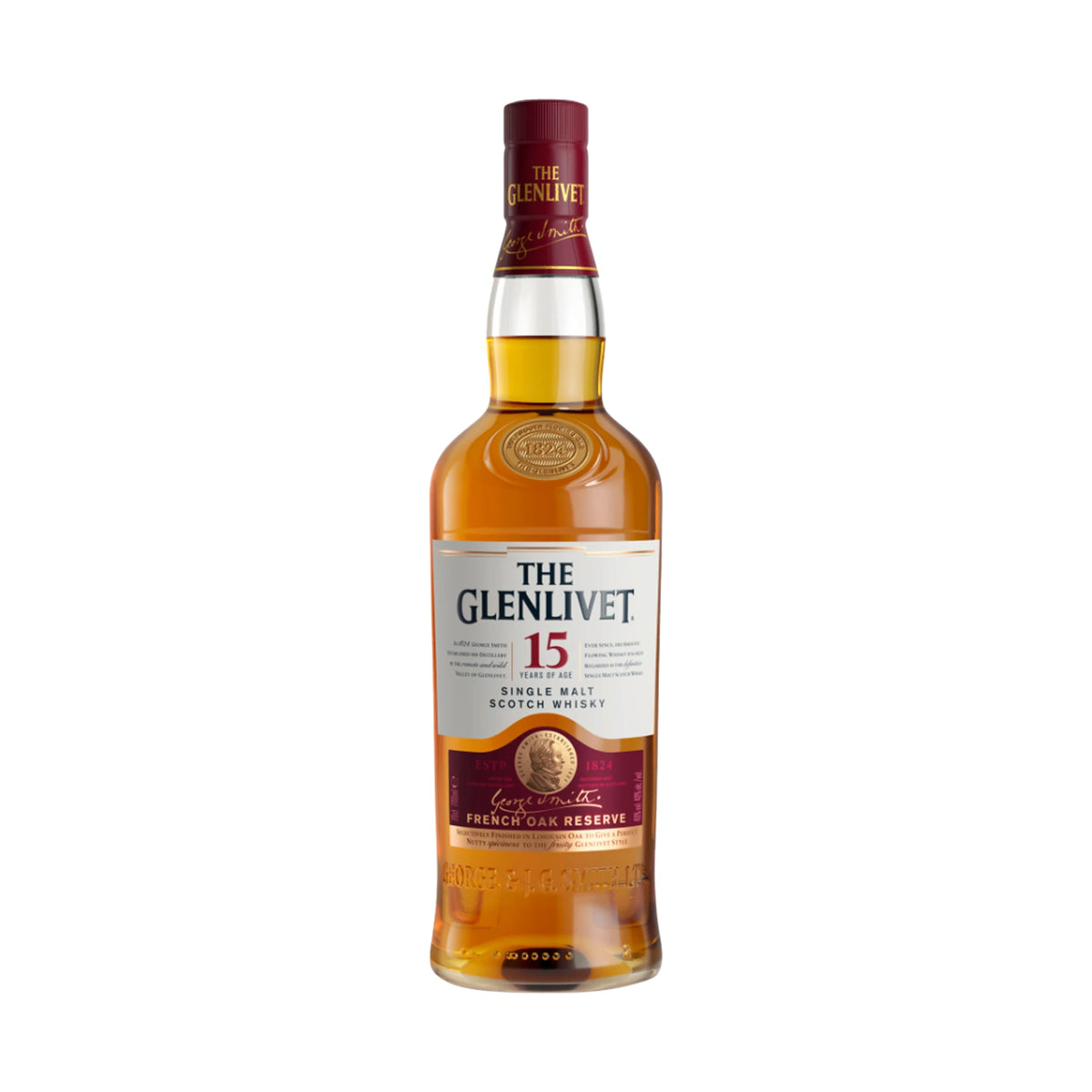 The Glenlivet 15 Year Old French Oak Reserve Speyside Single Malt Scotch Whisky 70cl bottle on a white background