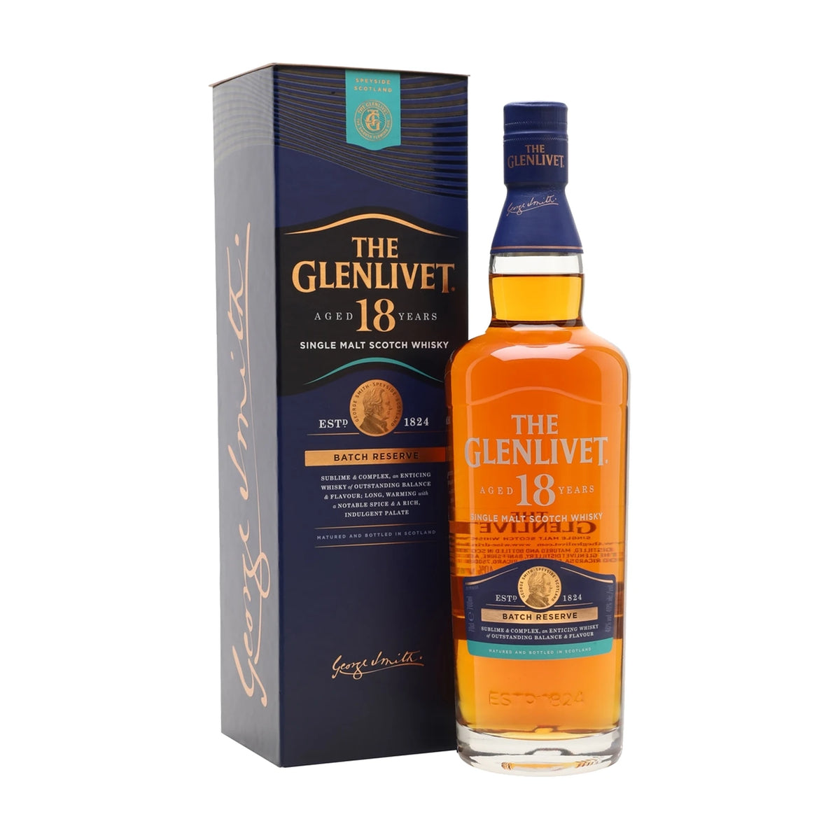 The Glenlivet 18 Year Old Speyside Single Malt Scotch Whisky, 70cl bottle with gift box on a white background