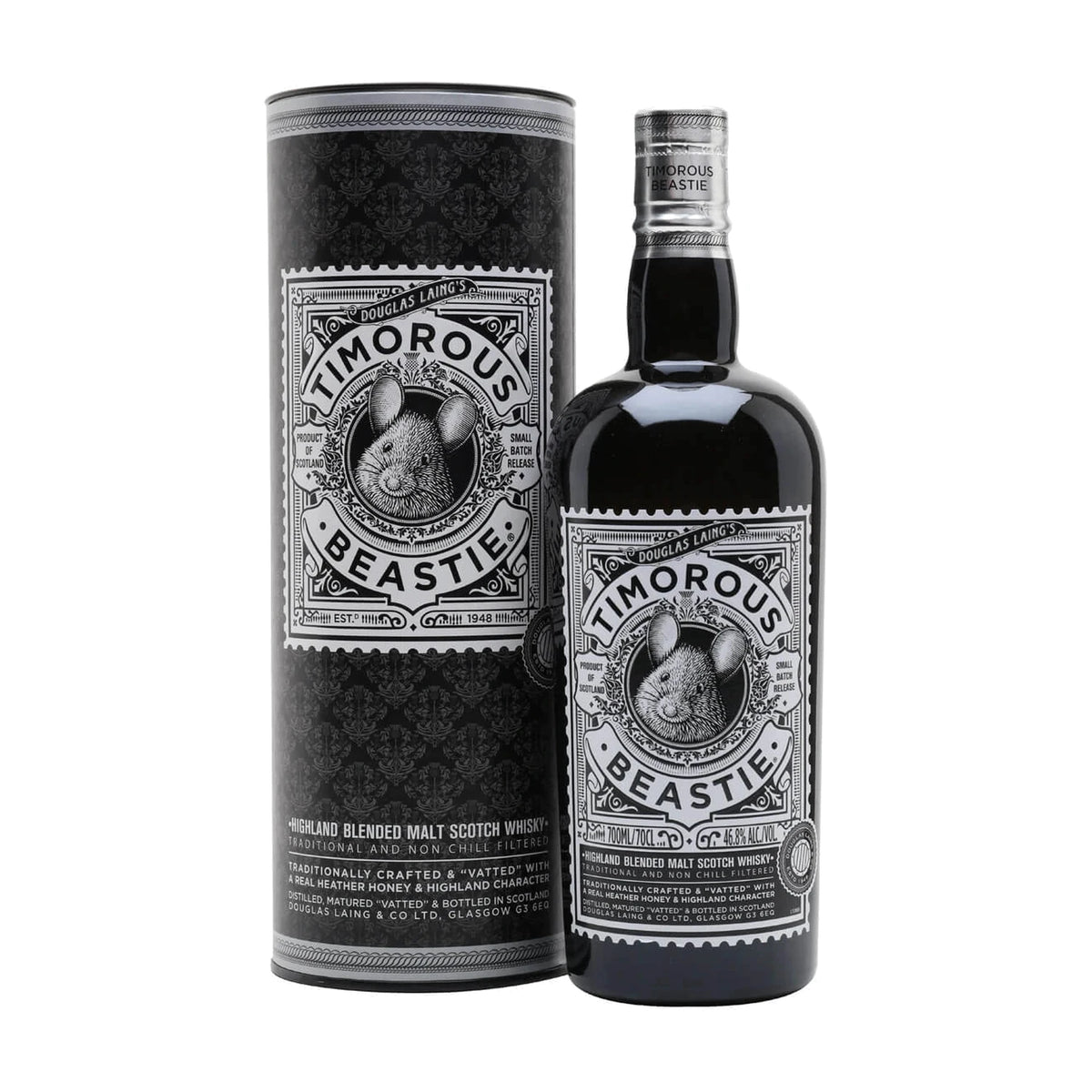Timorous Beastie Highland Blended Malt Scotch Whisky, 70cl bottle with gift tube on a white background