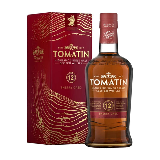 Tomatin 12 Year Old Sherry Cask Highland Single Malt Scotch Whisky, 70cl bottle with gift box on a white background