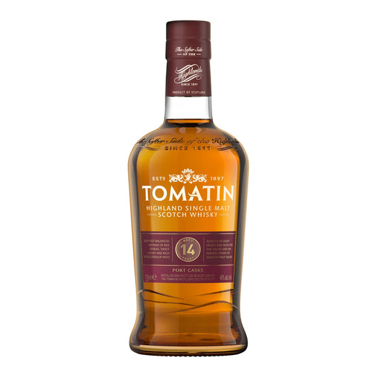 Tomatin 14 Year Old Port Cask Highland Single Malt Scotch Whisky 70cl bottle on a white background