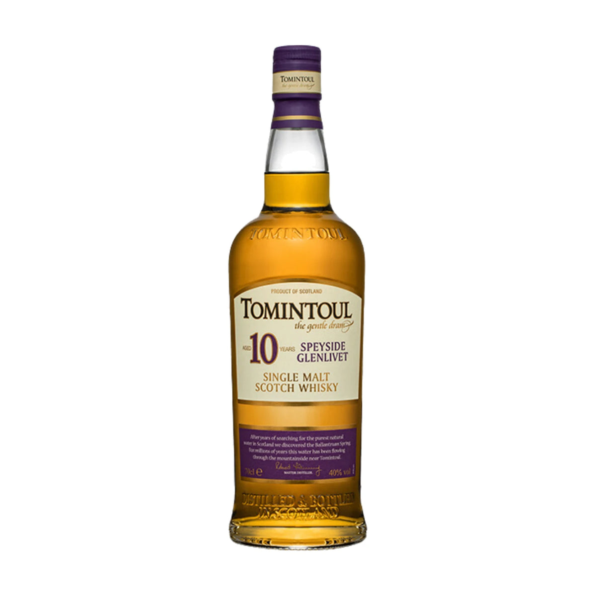 Tomintoul 10 Year Old Speyside Single Malt Scotch Whisky, 70cl bottle on a white background