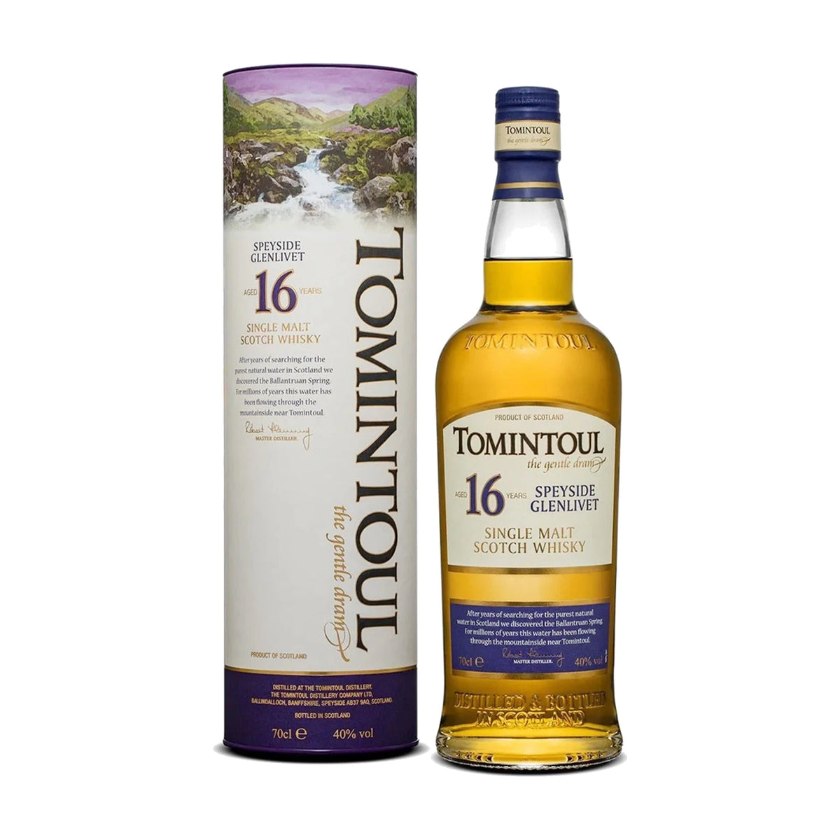 Tomintoul 16 Year Old Speyside Single Malt Scotch Whisky, 70cl bottle with gift tube on a white background